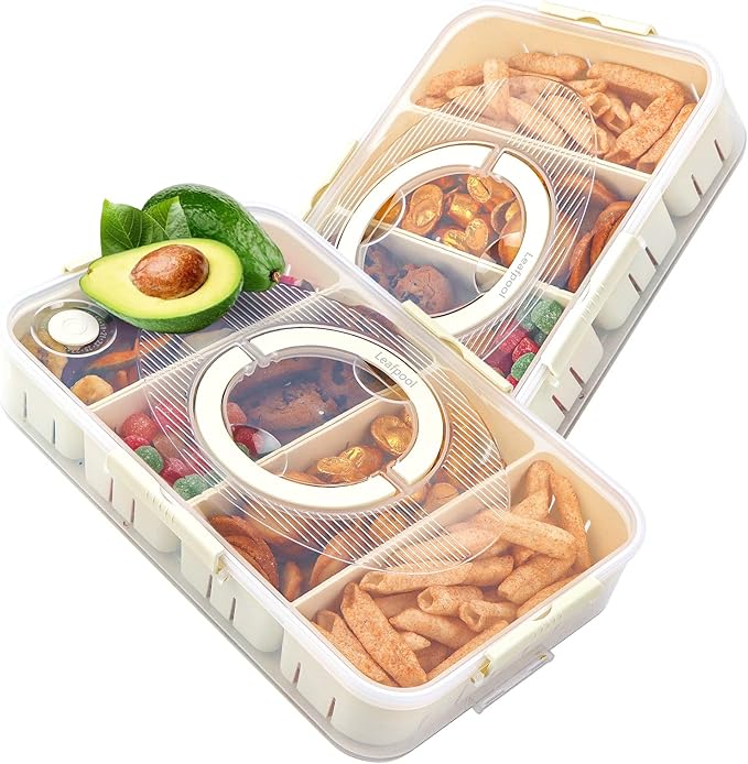 Snack Box Container, Dishwasher Safe Fruit Snack Containers, 2 Pack Divided Serving Tray with Lid for Veggie, Candy, Snackle Charcuterie Boxes for Kids, Adults,Travel and Picnic