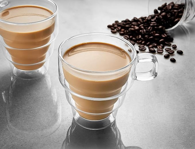 JoyJolt Pila Double Wall Insulated Coffee Mugs – 10 oz Double Walled Insulated Glasses Coffee Mug With Handle, Stackable, Sleek Modern Design – Set of 2