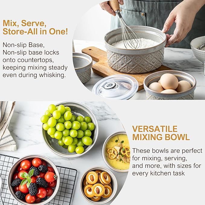 Ceramic Mixing Bowls with Lids Set of 4, Embossed Nesting Storage Bowls for Cooking, Serving, Salad, Popcorn etc, Microwave and Dishwasher Safe, Baking Dishes 12/16/28/40 oz (Gray)