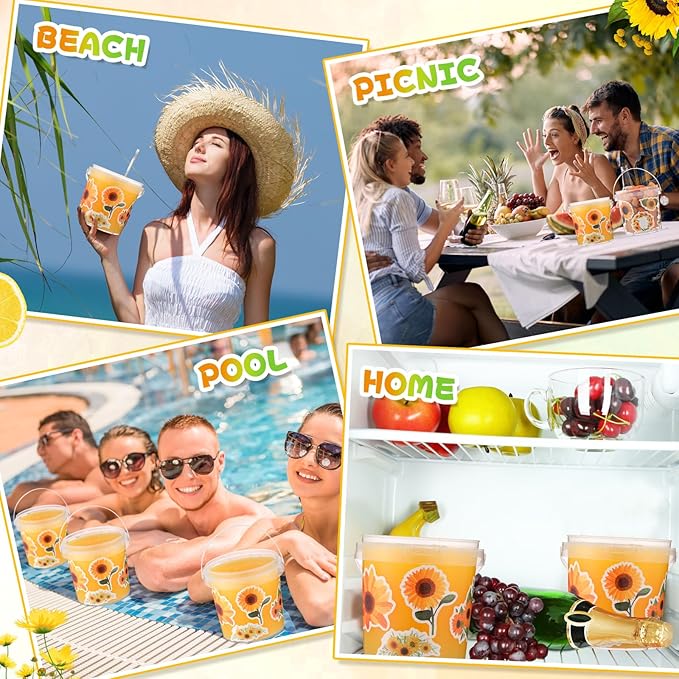 PerKoop 20 Pcs 32 oz Ice Cream Buckets with Lids and Handles Clear Cocktail Rum Buckets with Stickers Plastic Transparent Tub Reusable Food Storage Containers for Parties(Sunflower)