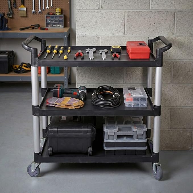Restaurantware RW Clean 40.2 x 19.7 x 37.8 Inch Utility Cart 1 Rolling Cleaning Cart - Large 4 Shelves Black Plastic Rolling Cart Heavy-Duty For Organization Or Storage