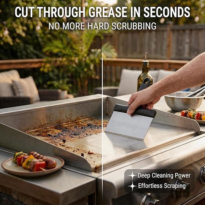 Grill Scraper, Stainless Steel Food Scraper with Handle – Heavy Duty Grill Scraper for Outdoor Grill, Flat Top Grill Cleaner, BBQ Tools & Accessories for Easy Grease and Stain Removal (Style 02)
