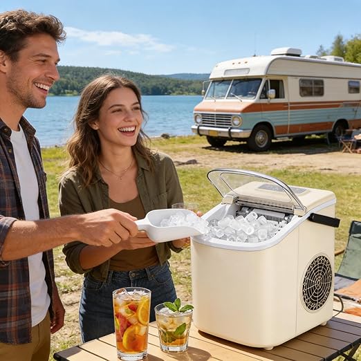 Small Portable Countertop Ice Maker, 26lbs/24H Ice Machine with Self-Cleaning, 6-8 Mins Fast Ice Making,Quiet Operation, Compact Ice Maker with Handle for Home Kitchen Camping RV (Beige, 26lbs)