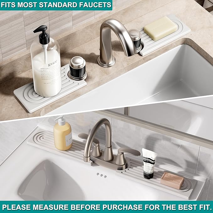 Stone Faucet Mat for Kitchen Sink - Quick Dry Diatomite Sink Splash Guard, Prevents Moisture Buildup & Water Stains, Water Absorbing Stone Tray for Bathroom Countertop (White, 23.6" x 4")