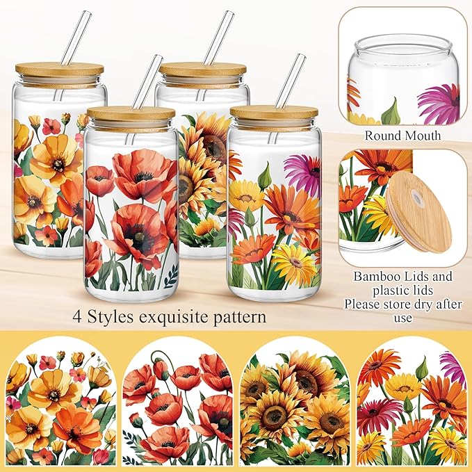 Mumufy 4 Pack Oil Flower Themed Gifts for Women Cute Glass Cup Tumbler Flower Iced Coffee Mugs 16 oz Glass with Bamboo Lid & Straw, Christmas Mothers Day Birthday Gift for Mom Sister Bridesmaid