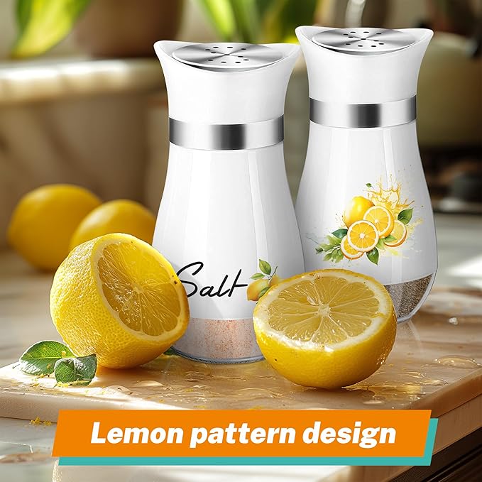 Lemon Salt and Pepper Shakers Set,4 oz Glass Bottom Salt Pepper Shaker with Stainless Steel Lid Kitchen Decor and Accessories Farmhouse Gifts Refillable Design(Lemon)