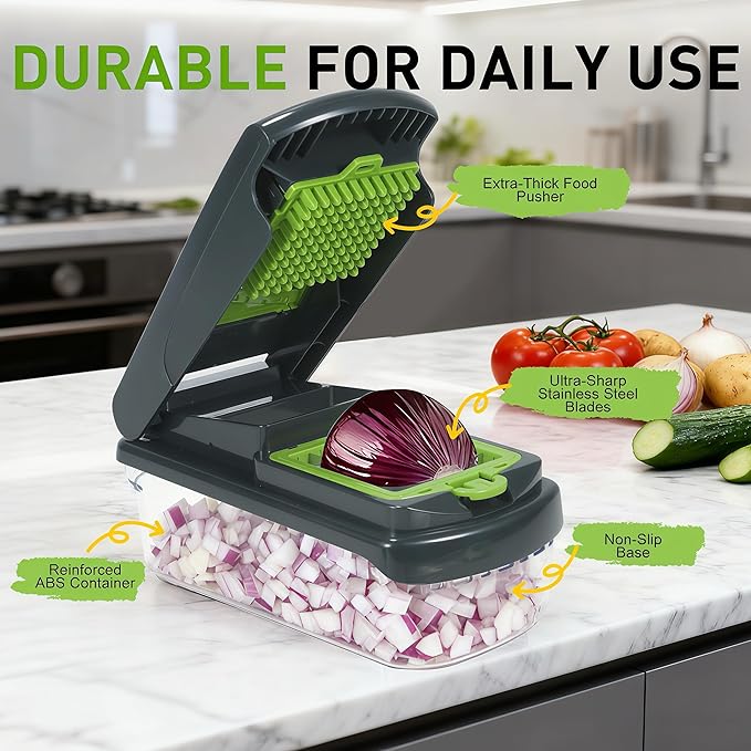 Mandoline Slicer for Kitchen, Vegetable Chopper & Dicer, Professional Food Slicer with Stainless Steel Blades, Safe Veggie Chopper for Onion Potato Carrot Fruit, Easy to Clean
