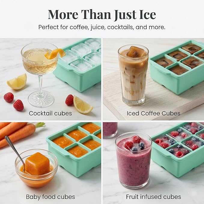 KitchFort Large Silicone Ice Cube Tray (3-Pack), Easy Release 2" Big Ice Cubes - Cocktail, Whiskey Ice Cubes Mold - Ice Trays for Freezer with Lid - Stackable Silicone Ice Tray - Green