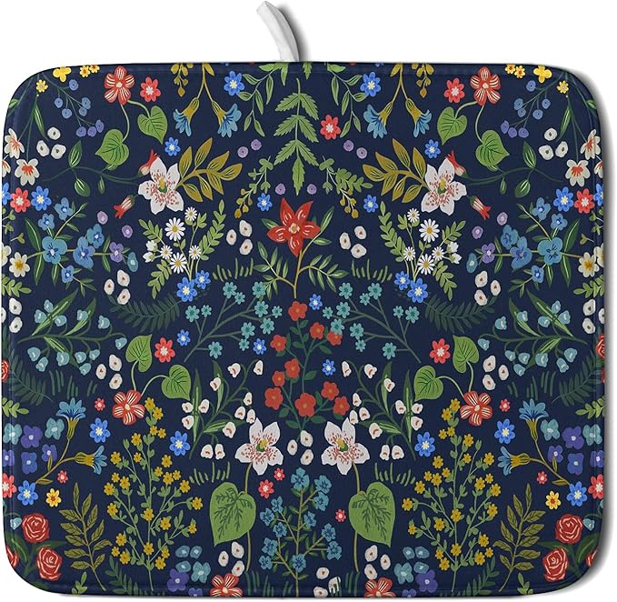 Flower Floral Dish Drying Mat Microfiber Navy Blue Absorbent Drying Pad for Kitchen Counter Small