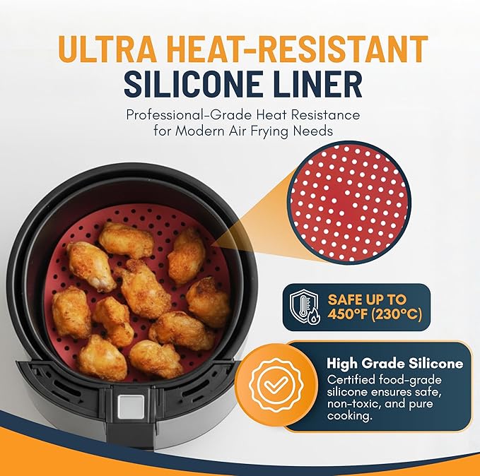 Reusable Round Silicone Air Fryer Liners (8 Inch, 3 Pack) by Linda’s Essentials - Non-Stick, Easy-Clean Accessories with Cheat Sheet & Recipe Book, Perfect for Quick Meals