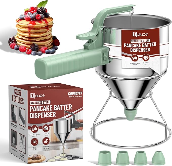 Stainless Steel Pancake Batter Dispenser, 40oz Batter Dispenser with Squeeze Handle, Great for Pancakes, Cupcake, Waffle or Any Baked Goods, Durable, Leak-Free, Mint Green