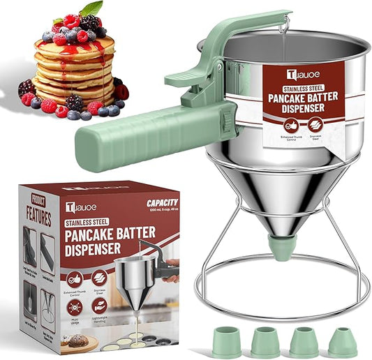 Stainless Steel Pancake Batter Dispenser, 40oz Batter Dispenser with Squeeze Handle, Great for Pancakes, Cupcake, Waffle or Any Baked Goods, Durable, Leak-Free, Mint Green