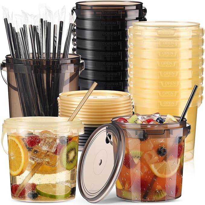 Funnymoom 16 Pack 32 oz Plastic Rum Buckets for Drinks with Straws Ice Cream Cocktail Bucket with Lids and Handles Reusable Food Containers Cup for Parties Summer Beach Bar Beer (Black,Gold)