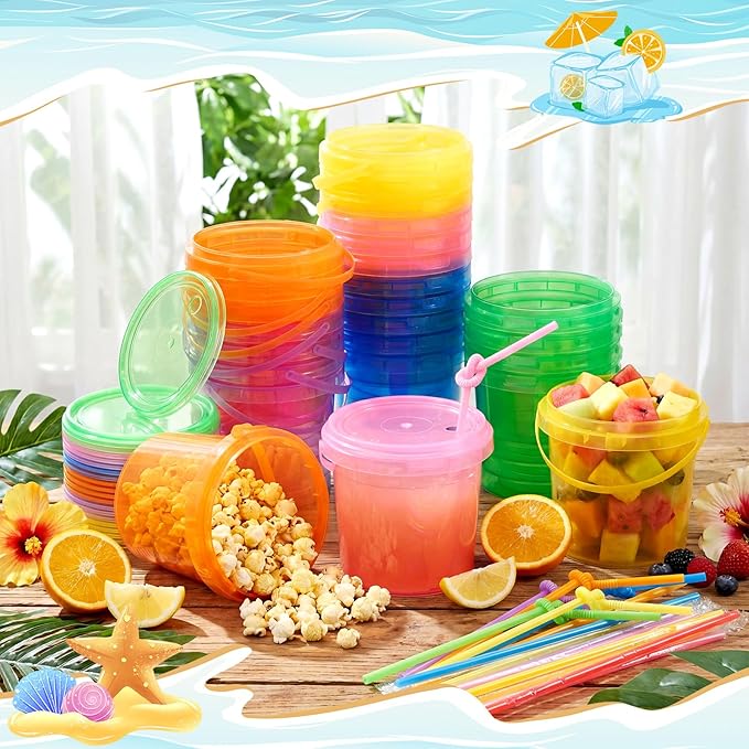 Funnymoom 48 Pack 34 oz Plastic Rum Buckets Bulks for Drinks with Straws Reusable Ice Cream Cocktail Cups Neon Party Bucket with Lids Handles Food Containers Cup for Summer Beach Bar Beer