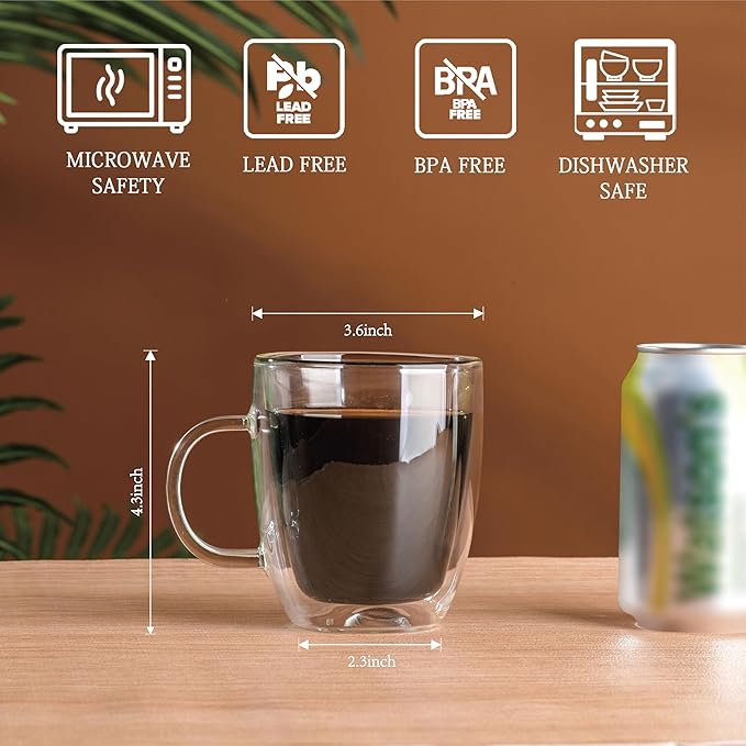 Wlasss Double Wall Insulated Glass Coffee Mugs set of 4-13 oz Clear Hand Blown Glass Coffee Cups with Handle for Cappuccino, Latte,Espresso,Tea Bags,Americano,Beverages, Gifts for Christmas
