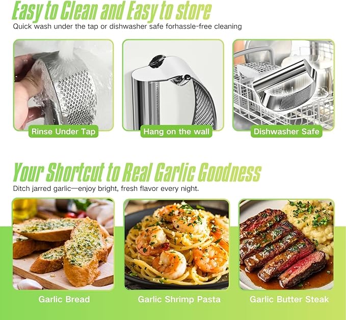 Stainless Steel Garlic Press Rocker with Bottle Opener, 304 Heavy Duty Garlic Mincer & Crusher Tool with Peeler and Cleaning Brush, Easy-Clean Garlic Chopper Kitchen Gadget