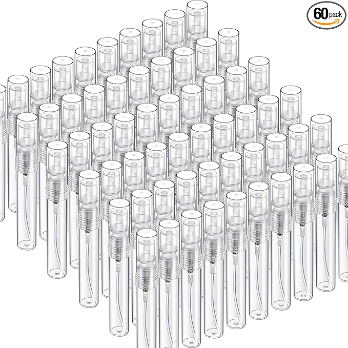 Fandamei 60PCS 5ml Mini Spray Bottle, Mini Clear Plastic Spray Bottle Empty, Fine Mist Refillable Mini Perfume Bottle, Perfume Atomizer, Small Empty Sample Containers, Plastic Portable Travel Bottle