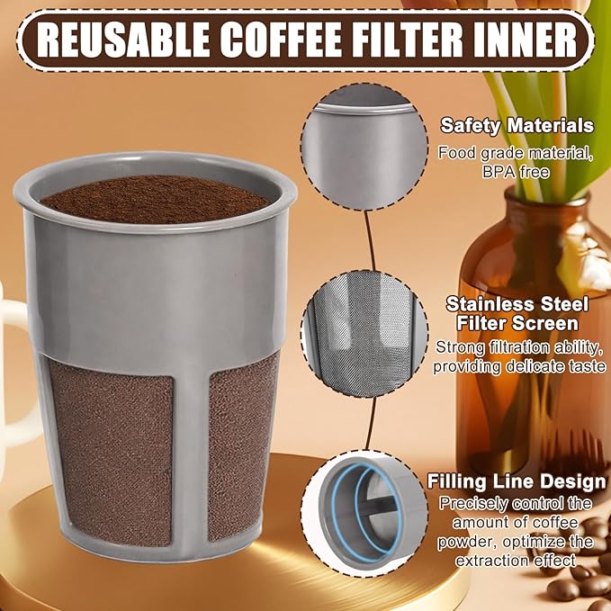 Podoy K250 Extra Reusable Coffee Inner Filter for Compatible with Keurigg My K Cup 2.0 K300 K350 K375 K400 K450 K475 Universal Grey (Pack of 6) with Coffee Spoon