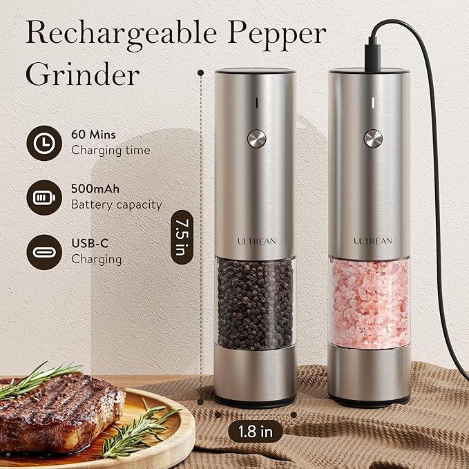 Ultrean Salt and Pepper Grinder Set, Rechargeable Salt and Pepper Shakers, 6 Adjustable Coarseness, LED Light, Kitchen Gadget Cooking Gifts Valentines Day Gifts for Him Her Mom Dad, Stainless Steel