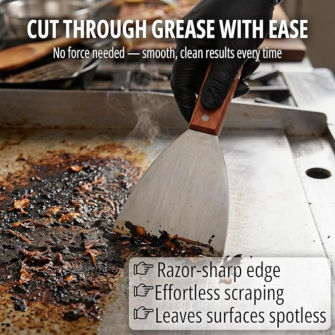 Griddle Scraper, Heavy Duty Stainless Steel Grill Scraper with Handle – Durable Griddle Scrapers for Flat Tops, Flat Top Grill Cleaner & BBQ Tools for Outdoor Grill, Easy Grease Removal (Style 03)