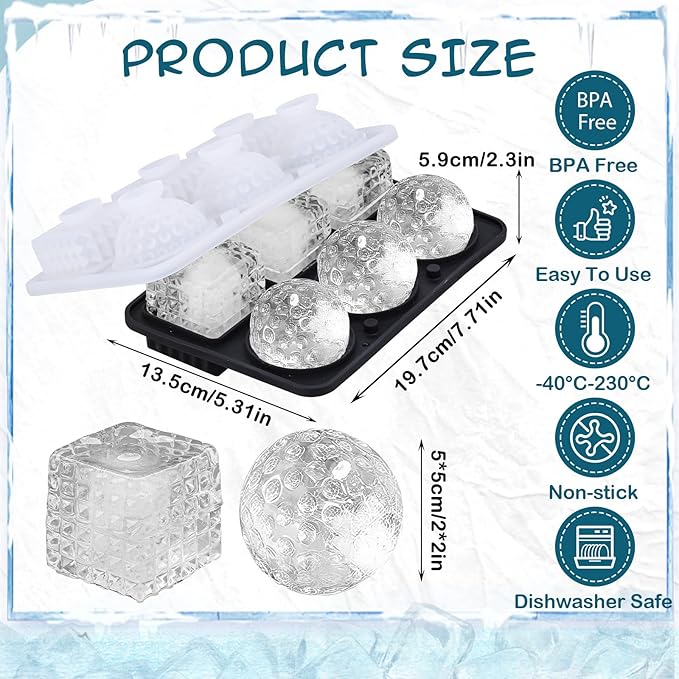 Hoolerry 2 Pcs 3D Golf Gifts Silicone Ice Cube Tray 2.2'' Fun Shape Large Silicone Ice Cube Molds 3 Big Crystal Cubes 3 Sphere Golf Mold 6 Holes with Funnel for Whiskey Cocktails Christmas Party