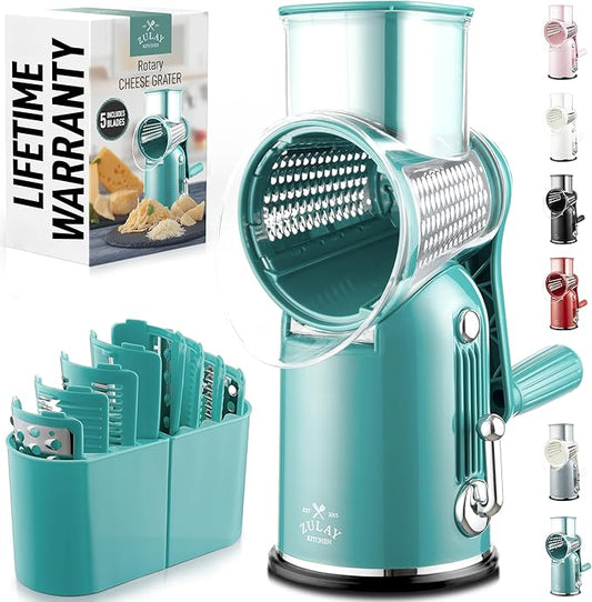 Zulay Kitchen Rotary Cheese Grater 5 Blade Cheese Shredder - Manual Hand Crank Cheese Grater With Reinforced Suction & 5 Interchangeable Drums - Easy to Use, Vegetable Chopper Round Mandoline Slicer