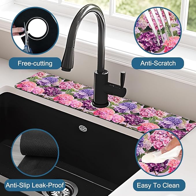 Colorful Hydrangea Kitchen Sink Splash Guard Faucet Mat Purple Pink Hydrangea Super Absorbent Fast Drying Mat Sink Splash Guard Behind Faucet for Kitchen Bathroom, 23.5"x5.5"