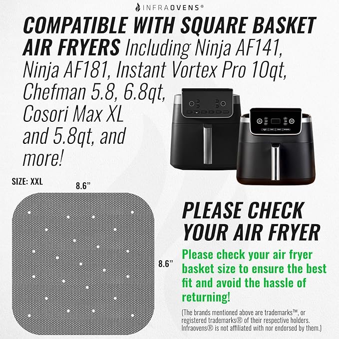 INFRAOVENS Air Fryer Reusable Liners for Ninja AF141 Air Fryer Pro 4-in-1 5qt, PowerXL Grill, AF181 Pro XL 6-in-1 6.5qt Accessories with Cooking Recipes, Non Disposable Replacement for Parchment Paper