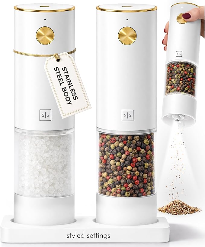 White Electric Salt and Pepper Grinder Set – Automatic Salt and Pepper Grinder Set with USB Rechargeable Design, One Touch Control, Adjustable Coarseness, LED Light, Sleek Stainless Steel Body