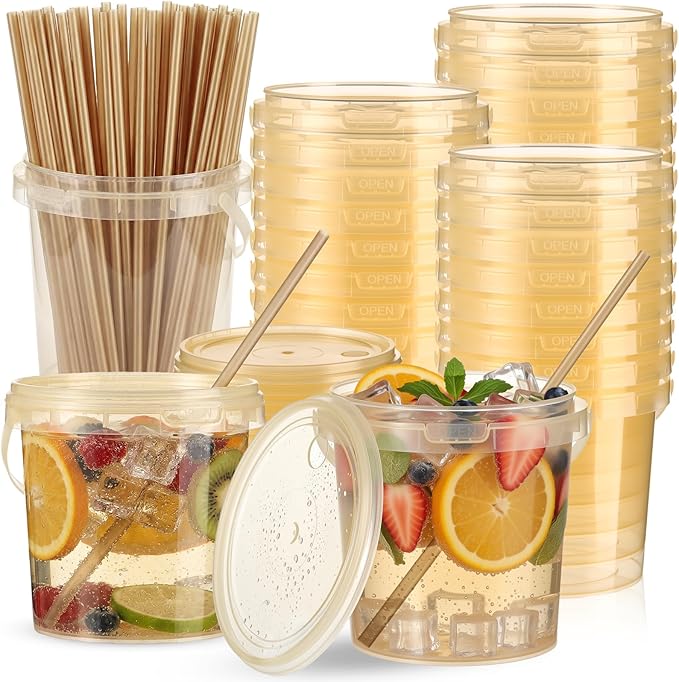 Funnymoom 24 Pack 32 oz Plastic Rum Buckets for Drinks with Straws Ice Cream Cocktail Bucket with Lids and Handles Reusable Food Containers Cup for Parties Summer Beach Bar Beer (Gold)