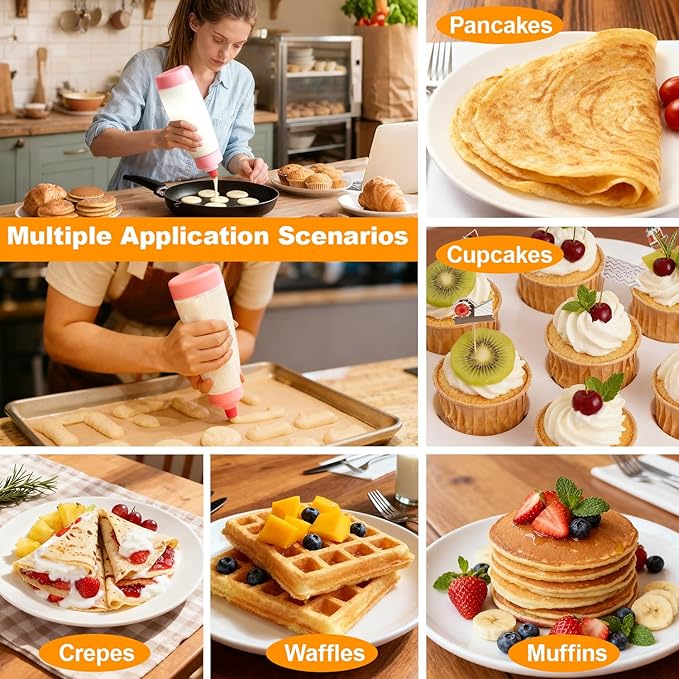 Pancake Batter Dispenser Bottle Kit - 4.5-Cup Pancakes Mixer with Shaker Ball Stainless Steel Whisk and Brush,Squeeze Tool for Pink Kitchen Accessories Gifts