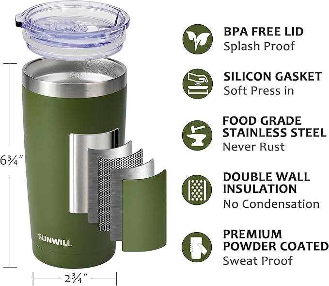 SUNWILL Travel Coffee Tumbler 20 oz, Insulated Mug with Lid, Stainless Steel Cup for Outdoor, Powder Coated Olive