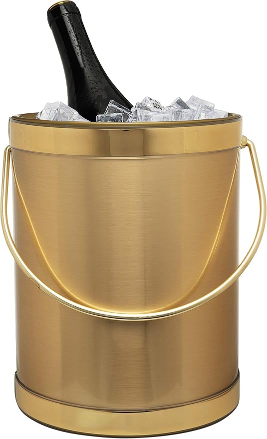 Made In USA Metallic Deco Collection Double Walled Insulated Ice Bucket With Ice Tongs (5-Quart, Gold)