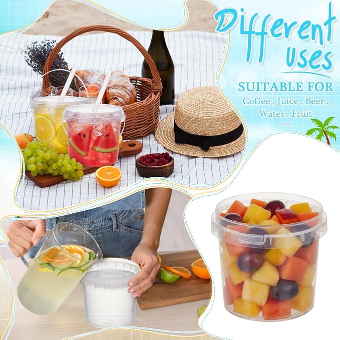 Funnymoom 50 Set 51oz Clear Plastic Drink Buckets with Lids and Straws Disposable Iced Coffee Cups Rum Buckets for Cocktail Parties Smoothie Cup Bulk with Handles for Beach Pool Party Supplies