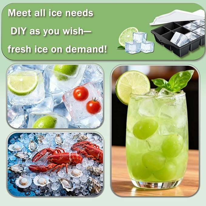 Ice Cube Trays for Freezer, 2 Pack Easy Release Slicone Ice Cube Tray with Lid, BPA Free Stackable Flexible Ice Molds 15 Square Reusable Ice Cubes for Whiskey, Baby Food, Iced Coffee (Black)