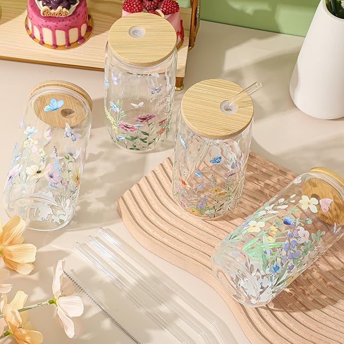 Mumufy 4 Pack Gift for Women Wild Flower Glass Cup Tumbler Butterfly Iced Coffee Mugs 16 oz Glass with Bamboo Lid & Straw, Christmas Mothers Day Birthday Gift for Mom Sister Bridesmaid Baby Shower
