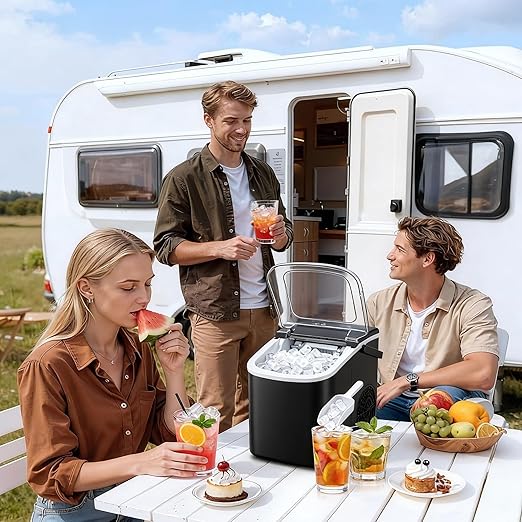 Small Portable Countertop Ice Maker, 26lbs/24H Ice Machine with Self-Cleaning, 6-8 Mins Fast Ice Making,Quiet Operation, Compact Ice Maker with Handle for Home Kitchen Camping RV (Black, 26lbs)