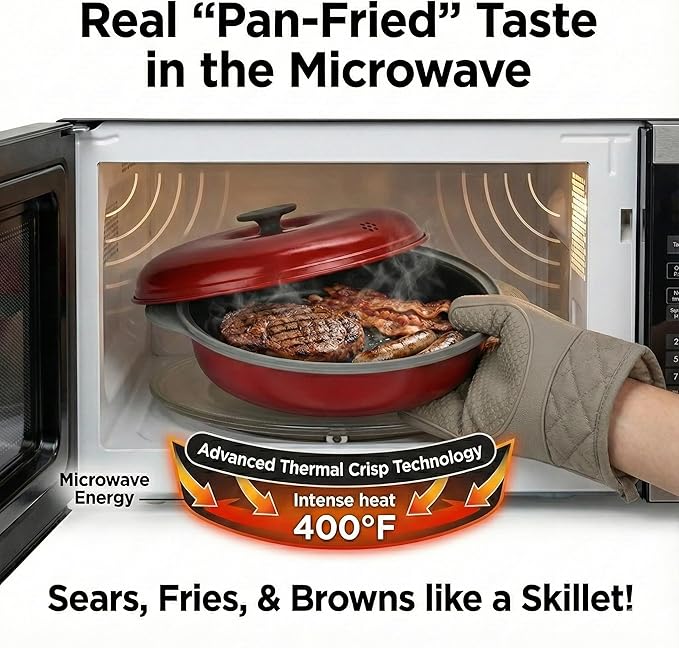 MACONEE Microwave Frying Pan Skillet, Grill & Crisper Pan with Lid Allows You to Fry, Sizzle, and Brown Foods in the Microwave, Micro Cookware for Grilling, Reheating, and Cooking a Variety of Dishes