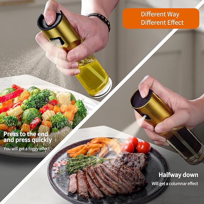 Glass Oil Sprayer Bottle for Cooking, Refillable Fine Mist Sprayer for Air Fryer, BBQ, Salad Spray, Leak Proof Kitchen Oil Dispenser with Dishwasher Safe Design (Gold)