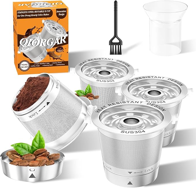 4 Pack Reusable K Cups for Keurig- All Stainless Steel Coffee Pods for Keurig 1 Prong Coffee Machine, No Seal Gasket, Non Plasic, Heat Safe, All in One Set