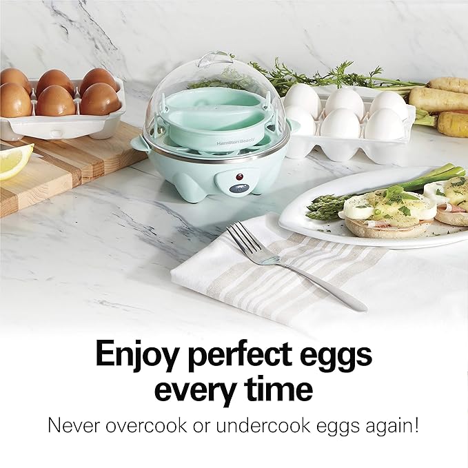 Hamilton Beach 3-in-1 Electric Egg Cooker for Hard Boiled Eggs, Poacher Eggs, Omelet Maker & Vegetable Steamer, Holds 7, Mint (25504)