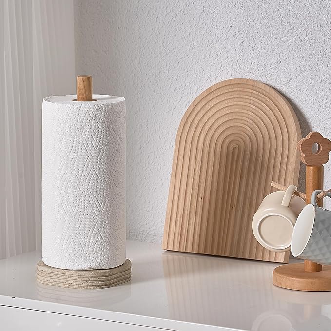 Natural Travertine Textures Standing Paper Towel Holder for Kitchen Countertop, Bathroom Toliet Paper Roll Holder with Weighted Base and Sturdy Wood Stand,for Standard or Plus Rolls, Height-Adjustable