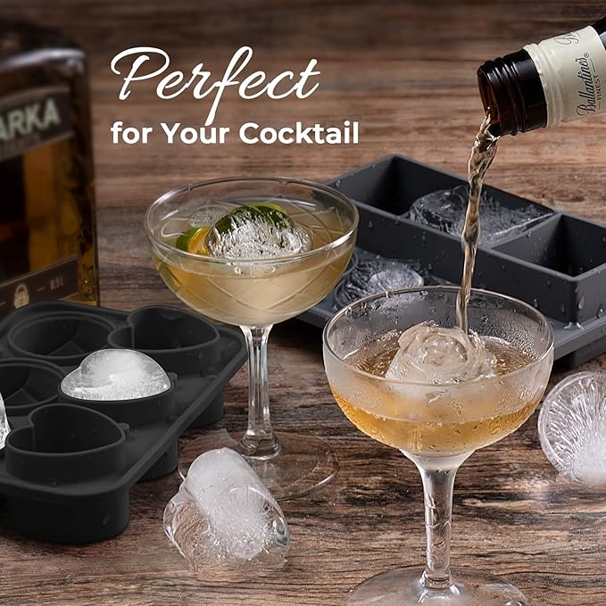 3 Rose & 3 Heart Shaped Ice Cube Tray, MEETRUE Silicone Ice Cube Tray with Clear Funnel-type Lid Novelty Rose Ice Cube Mold Ice Ball Maker Mold Ice Tray for Cocktails Whiskey Chilled Drinks,Black