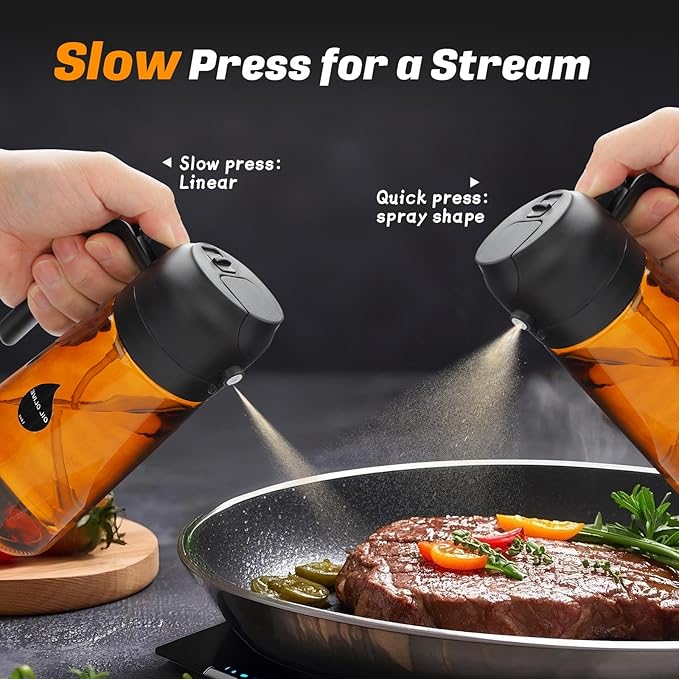 2 in 1 Oil Sprayer for Cooking, Olive Oil Dispenser Bottle for Kitchen Spray and Pour, 16oz/470ml Light-Blocking Dark Amber Glass Brown Bottle, Food-Grade Oil Mister for Air Fryer Black Cap
