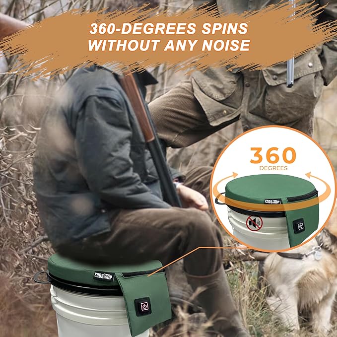 MDSTOP Heated 5 Gallon Bucket Seat, 360-Degree Swivel Bucket Seat Lid, Waterproof Top Seat Foam Cushion for Dove Duck Hunting, Ice Fishing, Baseball, Gardening, Camping（No Power Bank）