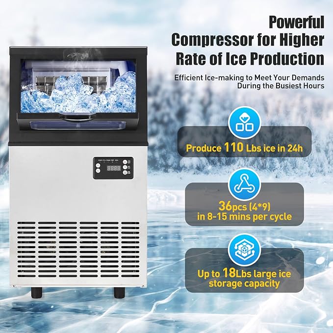 Commercial Ice Maker Machine, 110 LBS/24H with 18 LBS Bin Stainless Steel Automatic Operation Commercial Ice Machine for Home Bar, Include Water Filter, Scoop, Connection Hose