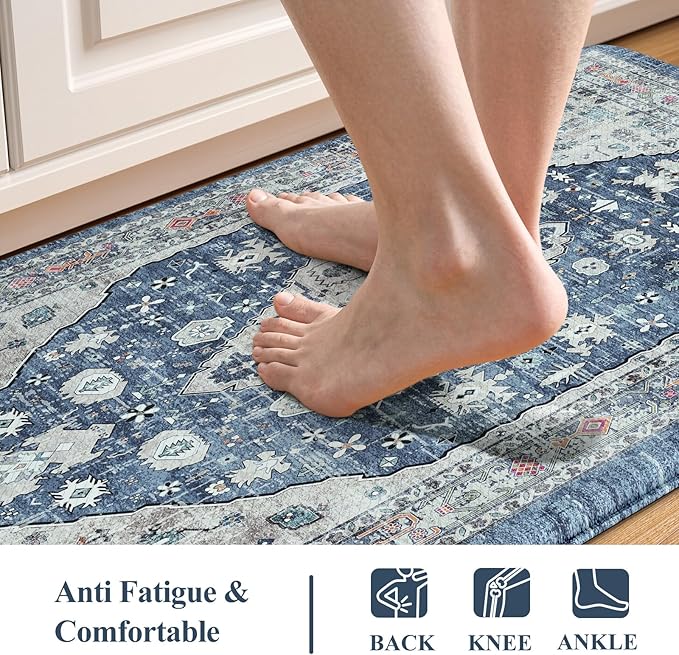 Collive Boho Kitchen Rugs Set of 2 Non Skid Kitchen Mats for Floor Cushioned Anti Fatigue Kitchen Floor Mats Waterproof Comfort Heavy Duty Foam Mats for Standing Desk Sink Laundry, 17.3"x29"+17.3"x47"