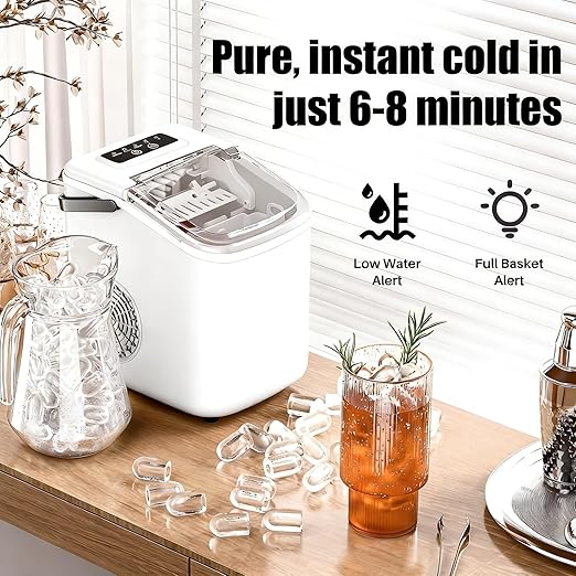 Small Portable Countertop Ice Maker, 26lbs/24H Ice Machine with Self-Cleaning, 6-8 Mins Fast Ice Making,Quiet Operation, Compact Ice Maker with Handle for Home Kitchen Camping RV (White, 26lbs)