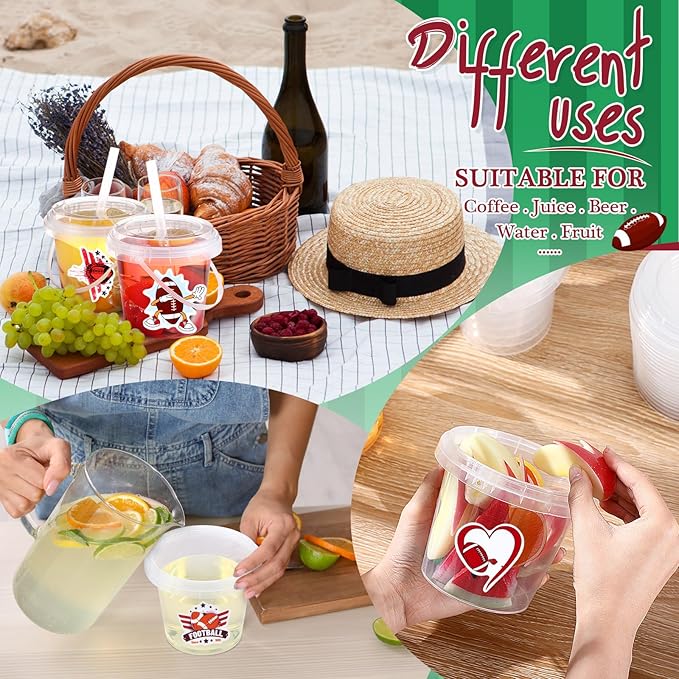 Funnymoom 30 Set Football Clear Plastic Cups with Lids & Straws 24oz Disposable Rum Drink Buckets Bulk for Cocktail Parties with Handles & Stickers for Holiday Birthday Beach Pool Party Supplies