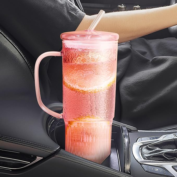 JunVpic Glass Cups with Lids and Straws,24oz Glass Tumbler with Handle Iced Coffee Cup for Coffee,Juice,Tea,Milk,Smoothie,Hot & Cold Drinks (Pink)